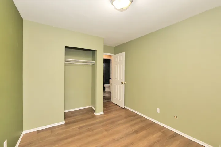 Room featuring wood-finish flooring, a built-in closet with hanging rod, and a ceiling-mounted light fixture