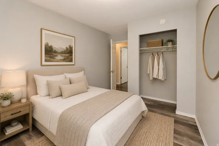Bedroom featuring wood-finish flooring, light grey walls, and a recessed closet with shelving and a hanging rod