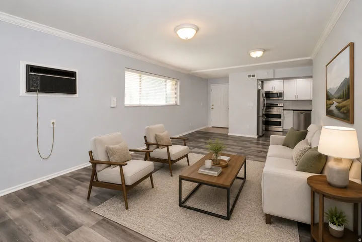 Open-concept living area featuring wood-finish flooring, crown molding, and recessed lighting
