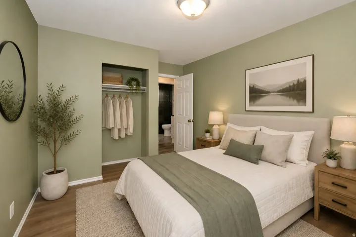 Bedroom featuring light green walls, wood-finish flooring, a built-in open closet, and a white paneled door