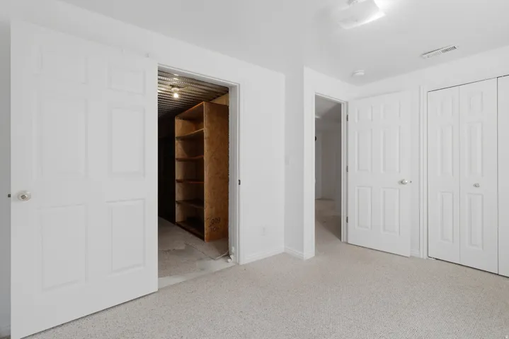 White paneled doors, carpeted flooring, recessed lighting, and built-in shelving