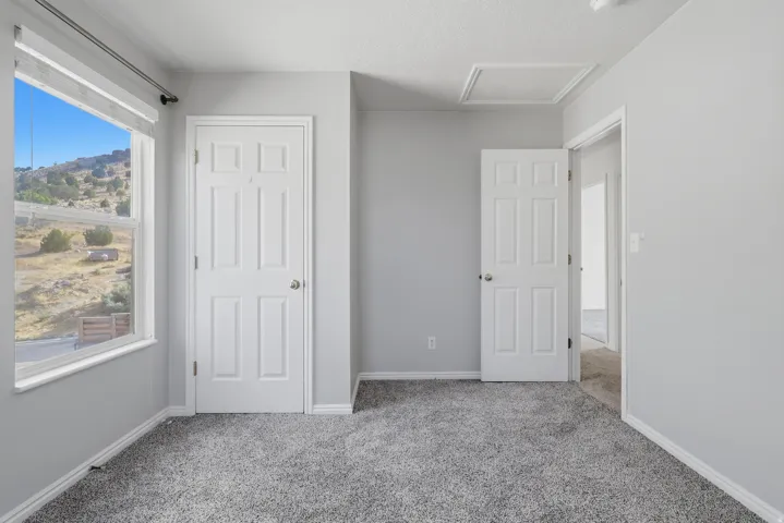 Plush gray carpeting, white interior doors, and a large window with roller shades