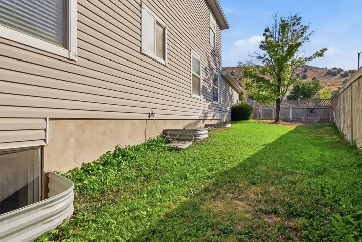 Expansive backyard with a manicured lawn, established tree, and wood fencing