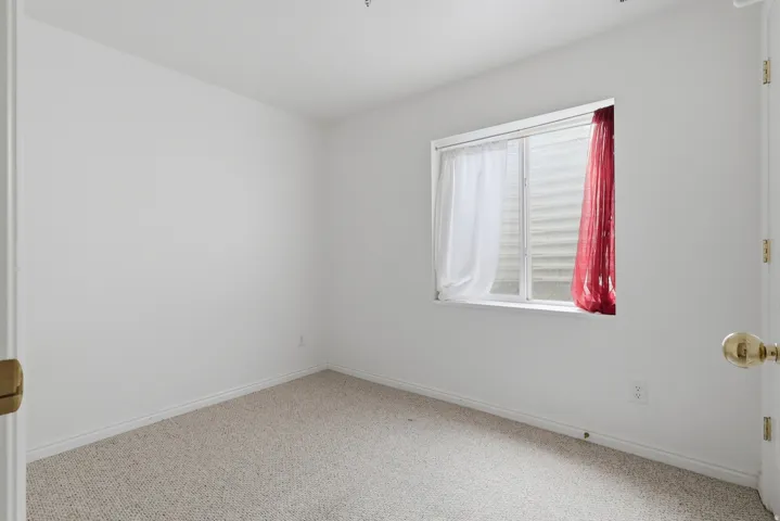 Light-colored wall-to-wall carpeting, white painted walls, and a white framed window