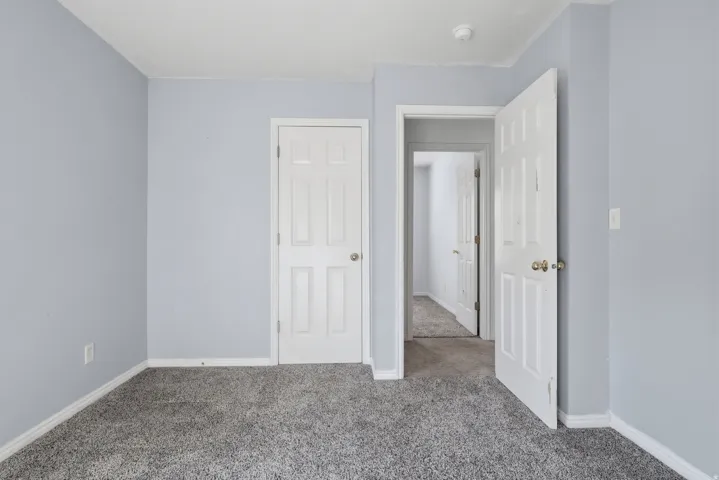 Light gray wall paint, white trim, paneled interior doors, and gray carpeting
