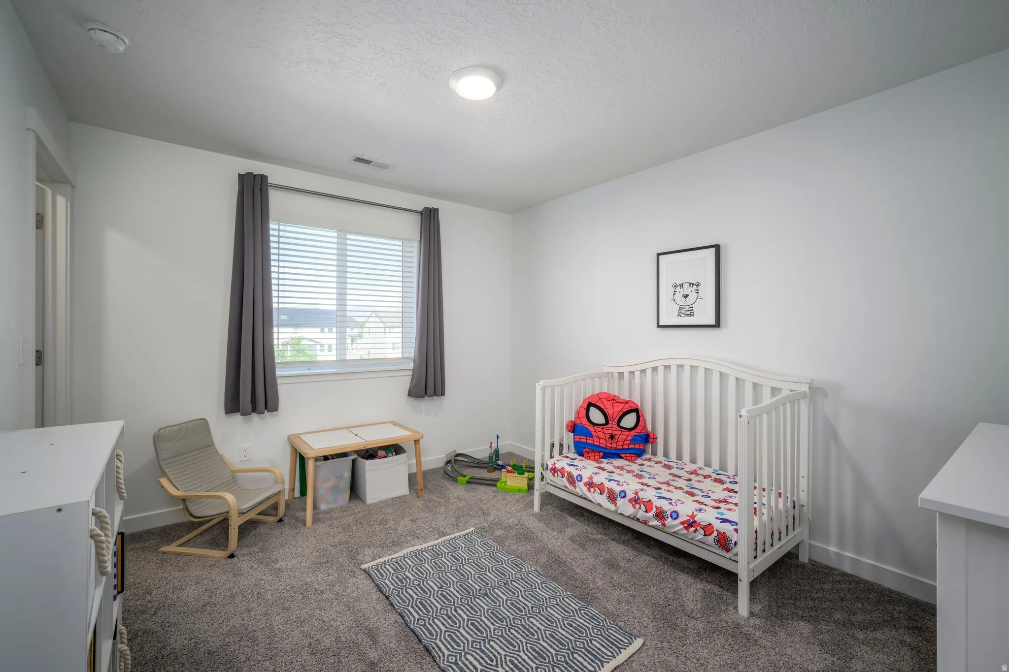 Carpeted room featuring a single window with blinds and dark gray drapes, white walls, and a ceiling-mounted light fixture