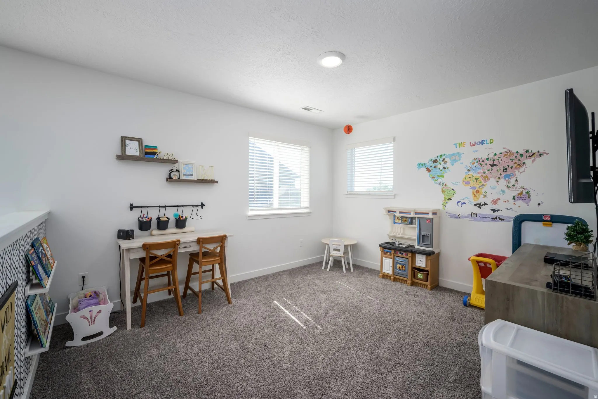 Carpeted room with white walls, two windows, and recessed ceiling lighting