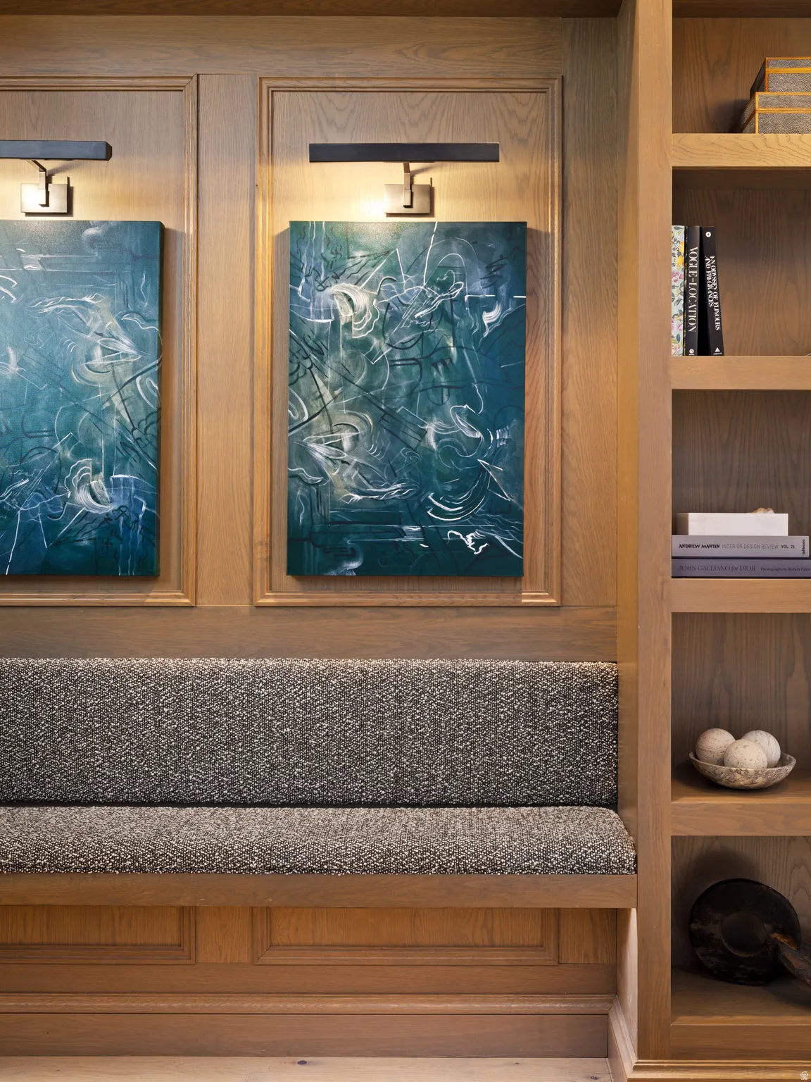 Custom built-in bench seating with textured grey upholstery