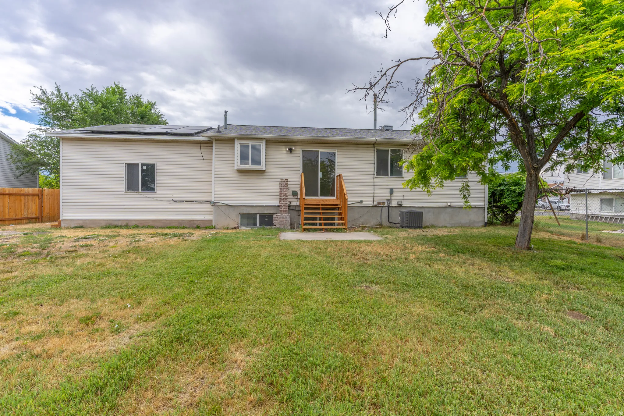 Expansive backyard with a wood privacy fence and mature tree