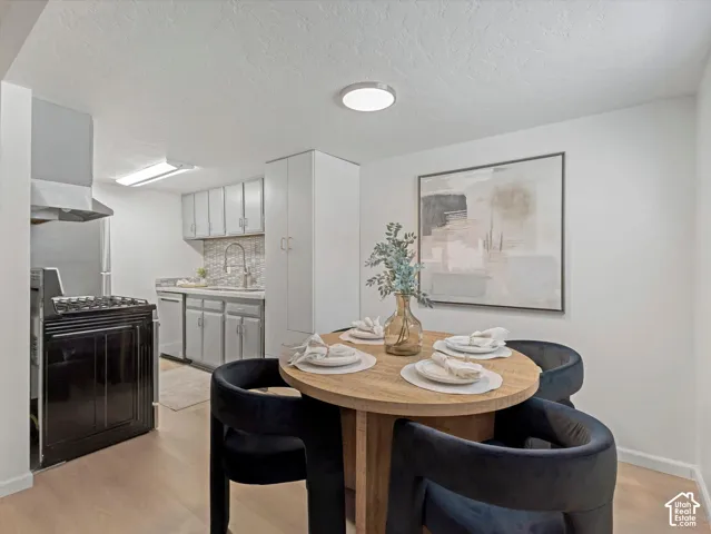 Wood-finish flooring throughout, kitchen with light gray cabinetry, mosaic tile backsplash, and stainless steel dishwasher
