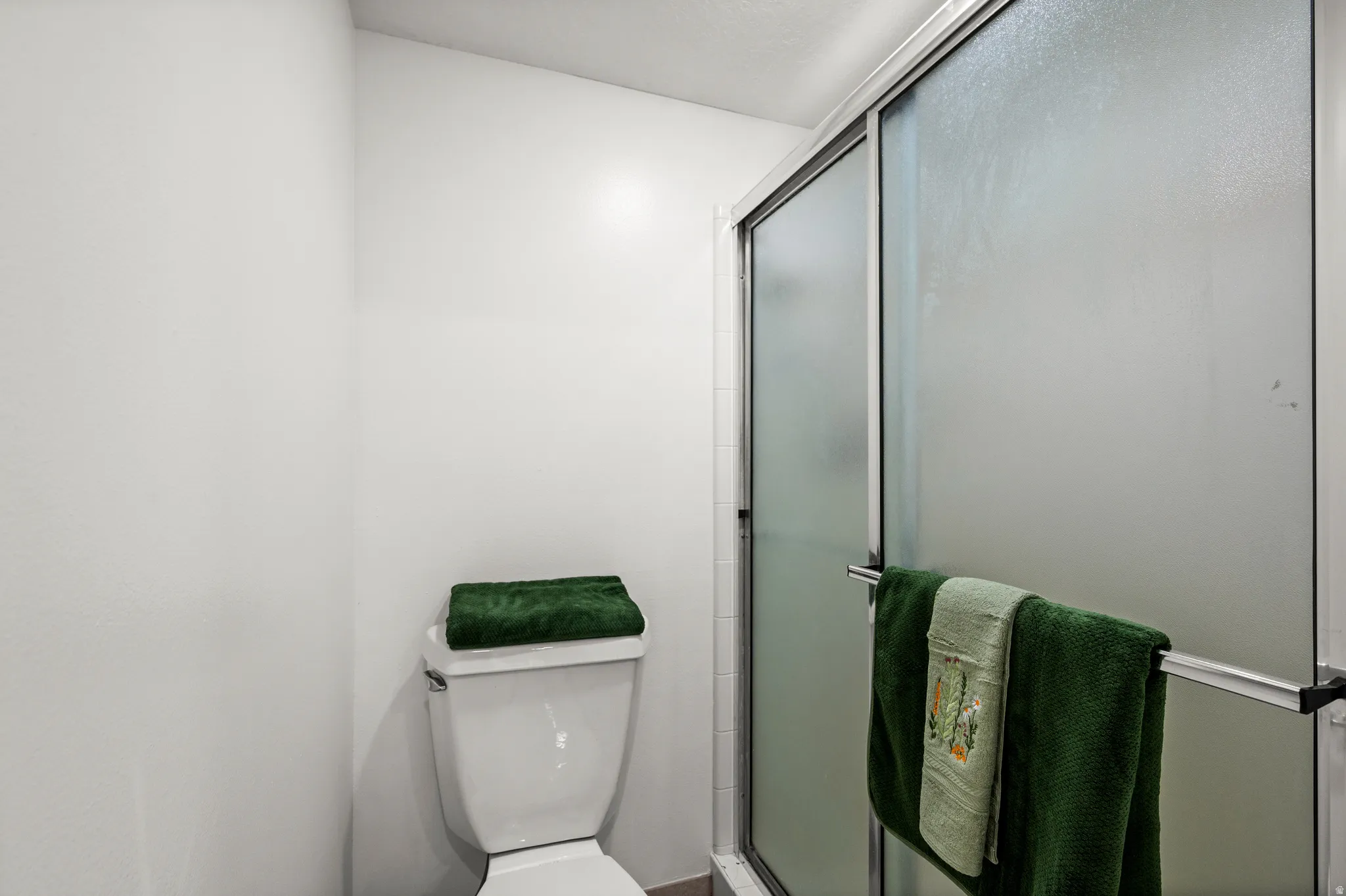 Toilet with a white tank and bowl, featuring a shower enclosure with frosted glass panels and a chrome frame