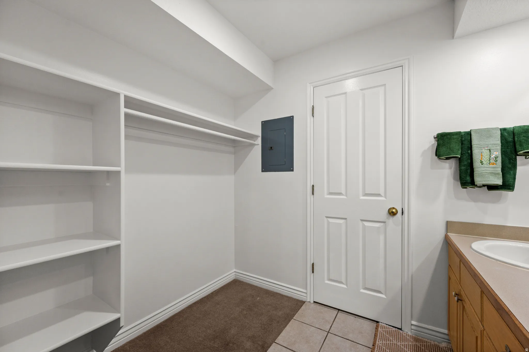 Built-in shelving, hanging rod, panel door, vanity with integrated sink, and wood-finish cabinetry