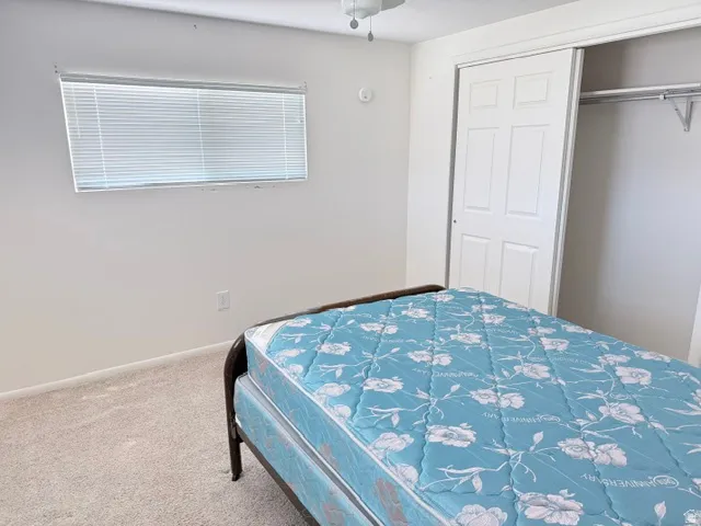 Carpeted room with a horizontal window featuring blinds