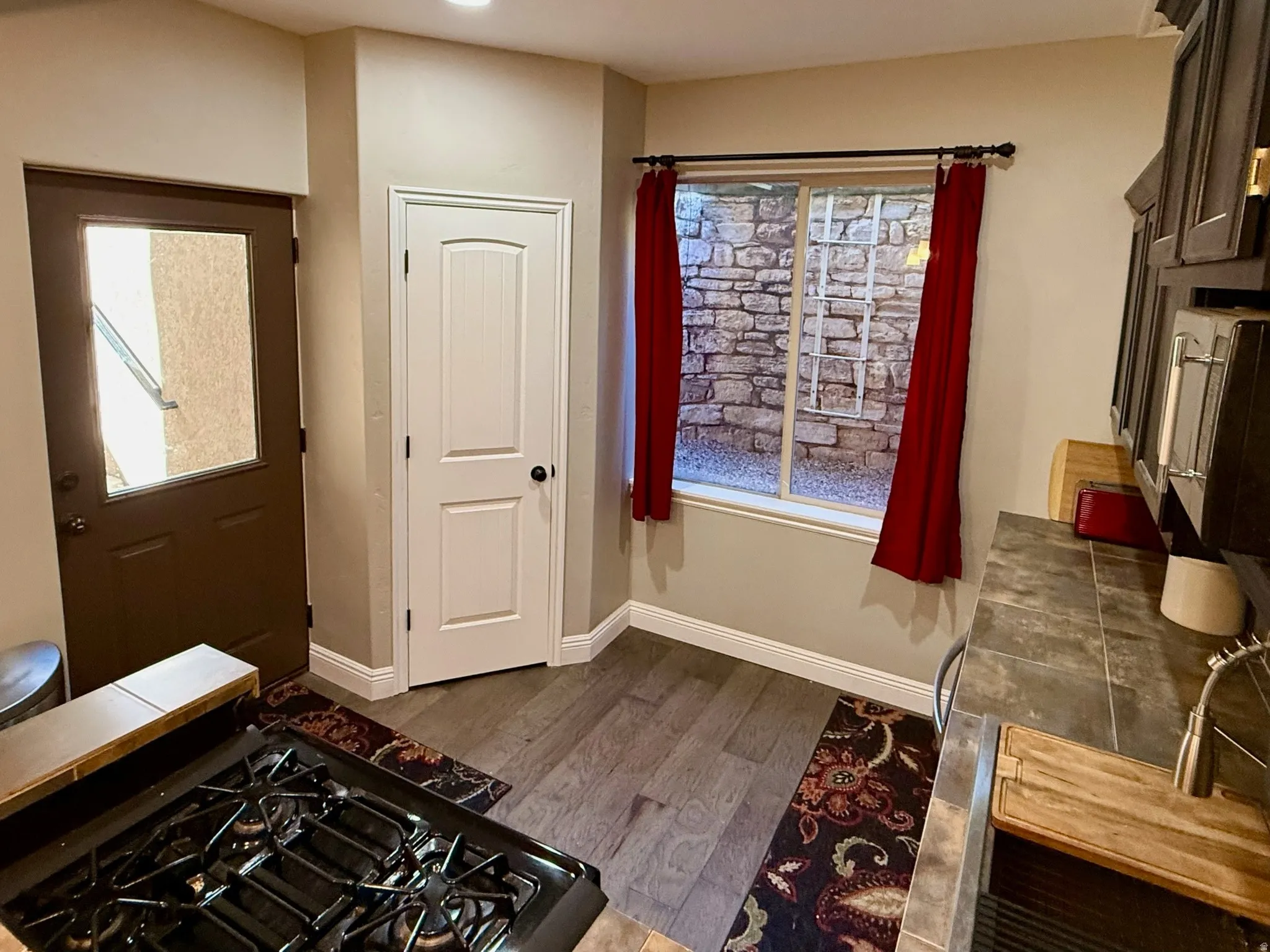 Kitchen area featuring wood-finish flooring, a dark wood-finish door with an upper glass pane, and a white interior door