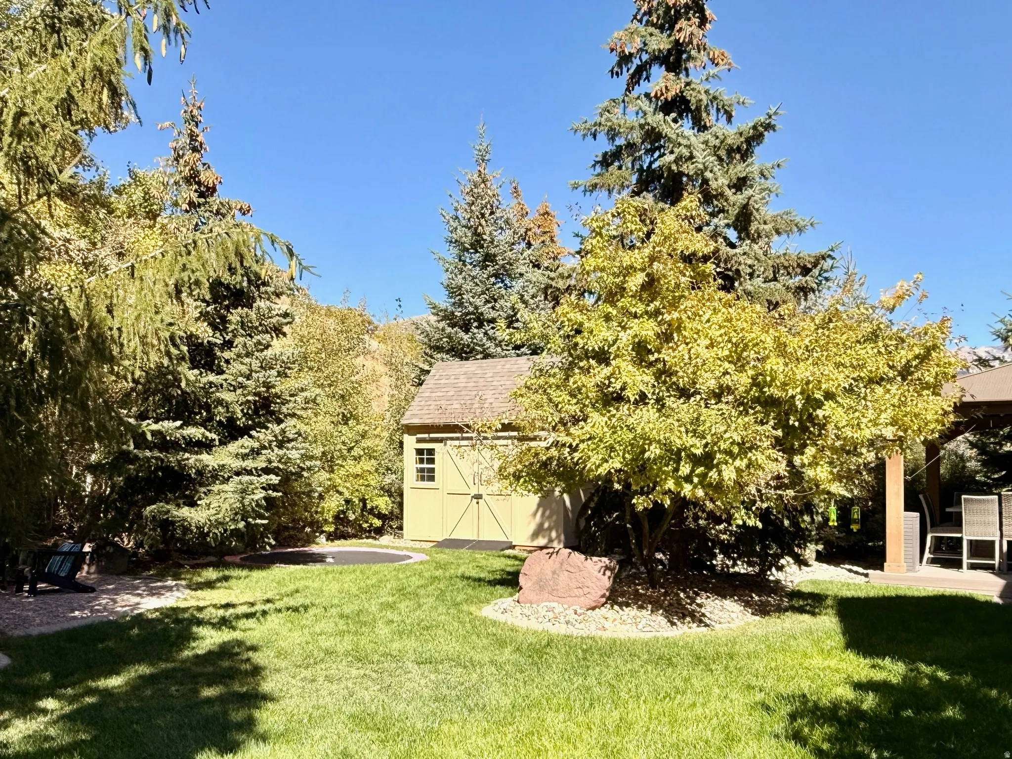 Expansive lawn featuring mature trees and a dedicated shed