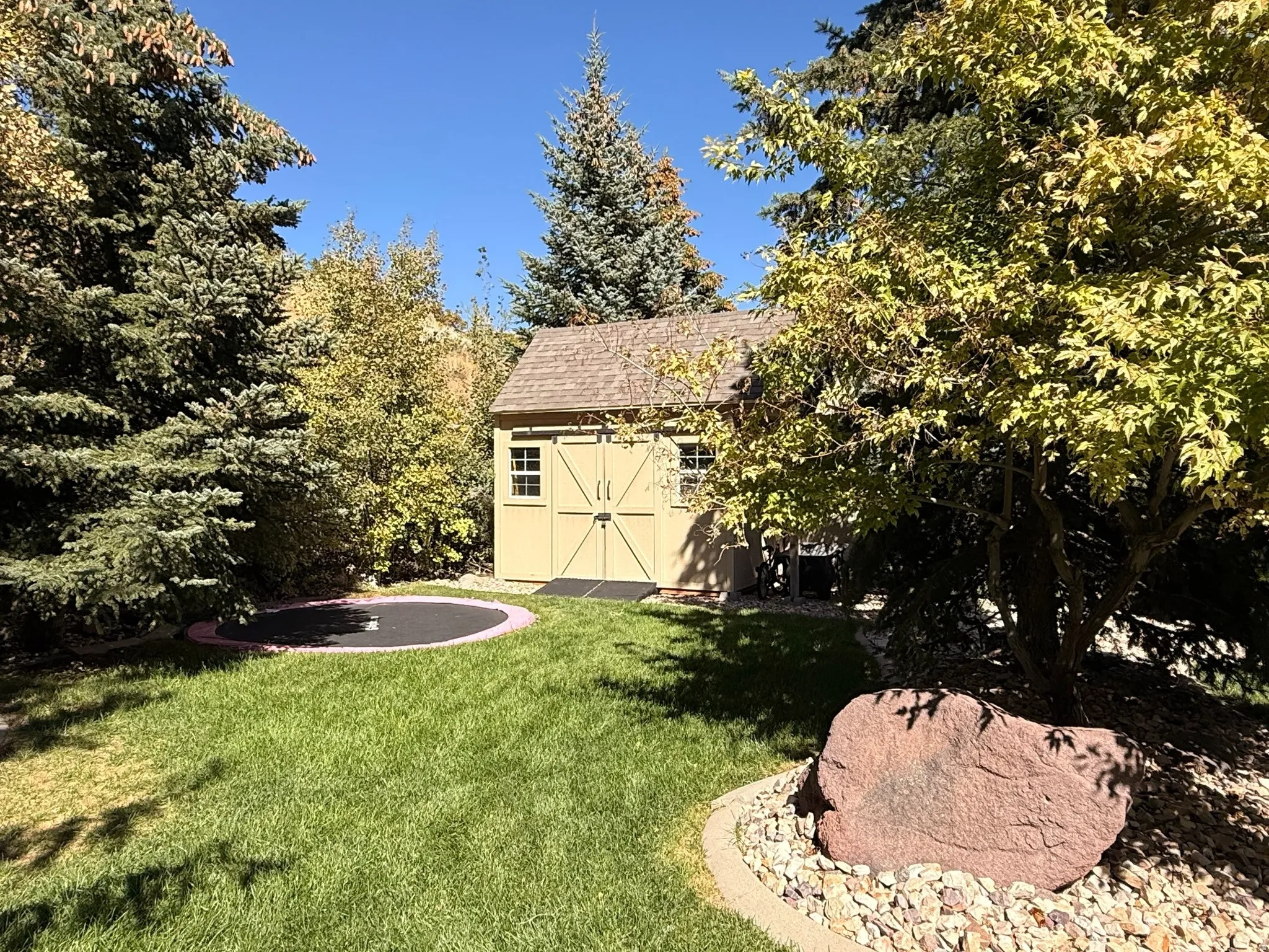 Backyard featuring a shed with double barn doors and a side window, a circular ground-level trampoline, and a large natural rock in a gravel bed