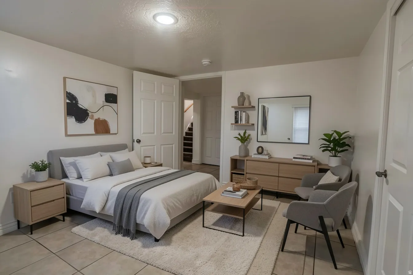 Recessed ceiling lighting, durable tile flooring, and a paneled interior door