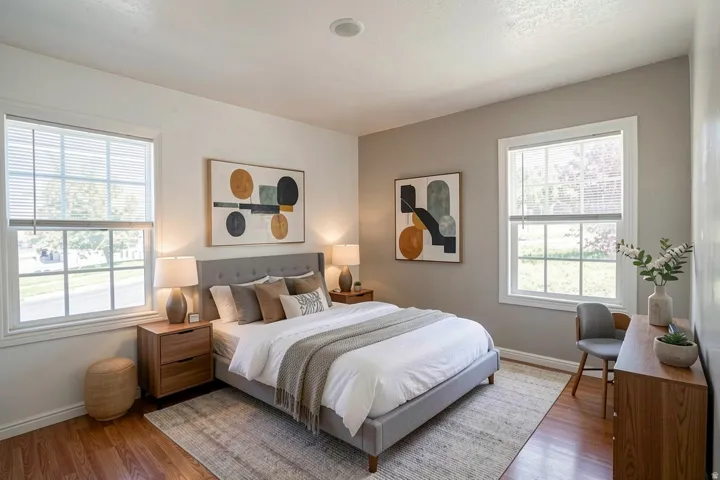 Recessed ceiling lighting, two windows with blinds, wood-finish flooring, and two-tone wall finishes