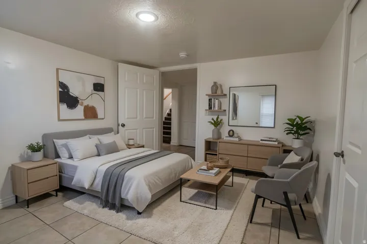 Recessed ceiling lighting, durable tile flooring, and a paneled interior door