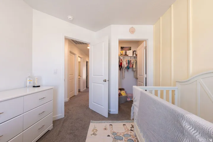 Carpeted bedroom with a built-in closet, a board and batten accent wall, and a hallway entry