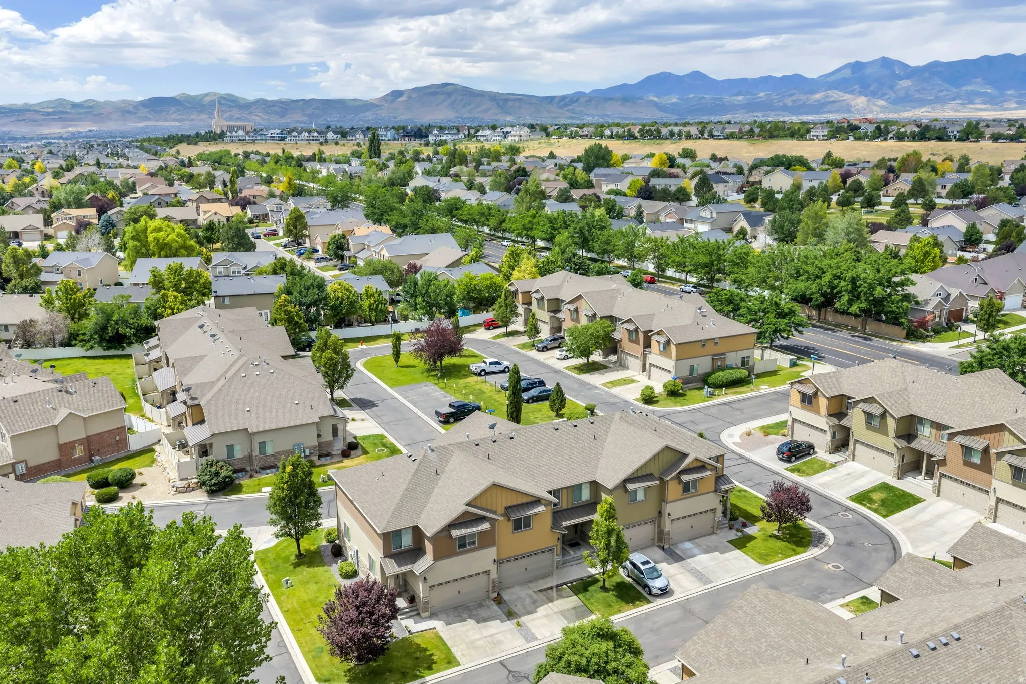 Aerial perspective showcasing a residential community with townhomes and detached properties
