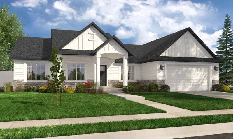 Modern farmhouse exterior featuring white siding, dark gray roofing, a stone facade accent, an arched entry, and an attached two-car garage