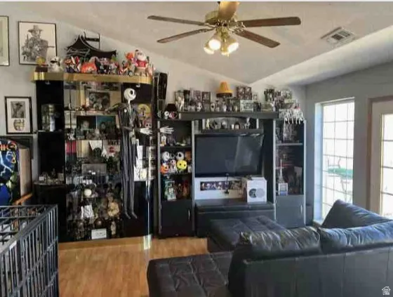 Vaulted ceiling with a ceiling fan light fixture