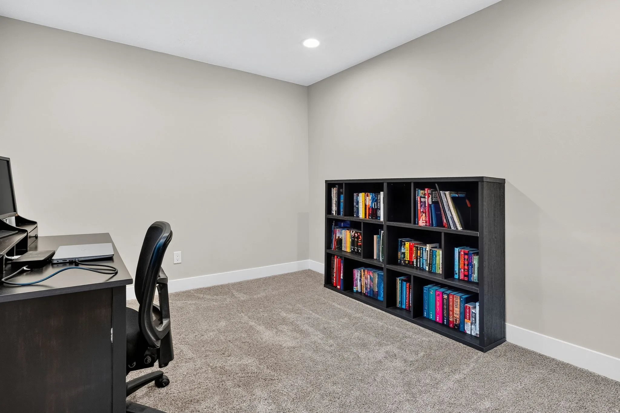 Neutral-toned wall paint and plush carpeting create a versatile interior space