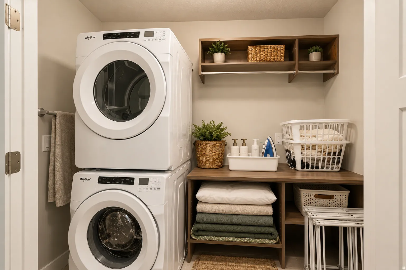 Dedicated laundry area featuring a stacked washer and dryer, wood-finish countertop, and built-in shelving with hanging rods