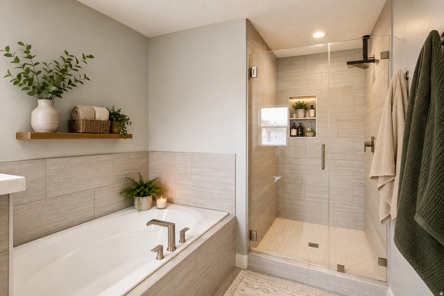 Modern bathroom featuring a built-in tub with brushed nickel fixtures, a glass-enclosed shower with a rain showerhead, a tiled shower niche, and light-toned wall tiling