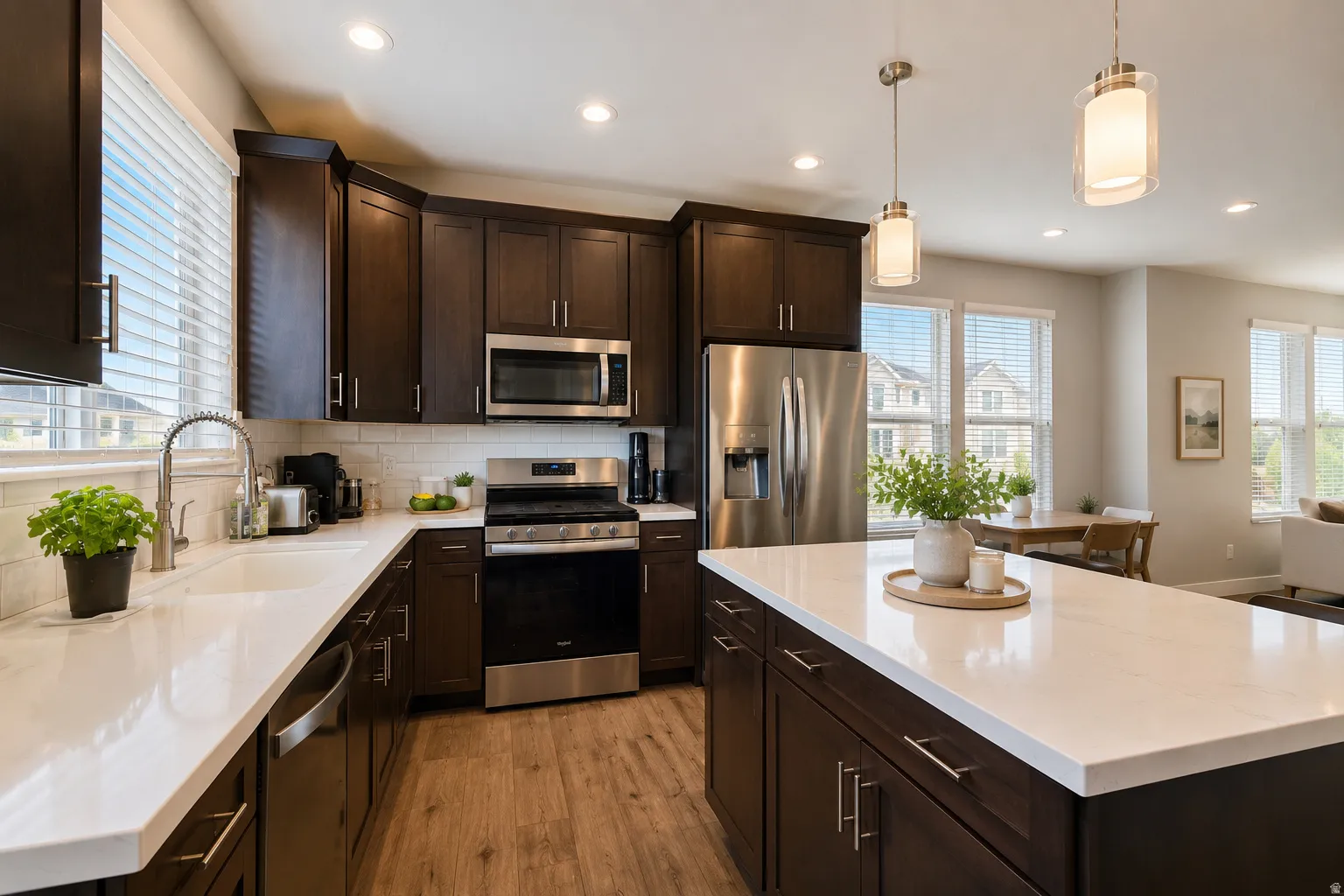 Kitchen featuring dark wood cabinetry, stainless steel appliances, white countertops, a tiled backsplash, and wood-finish flooring