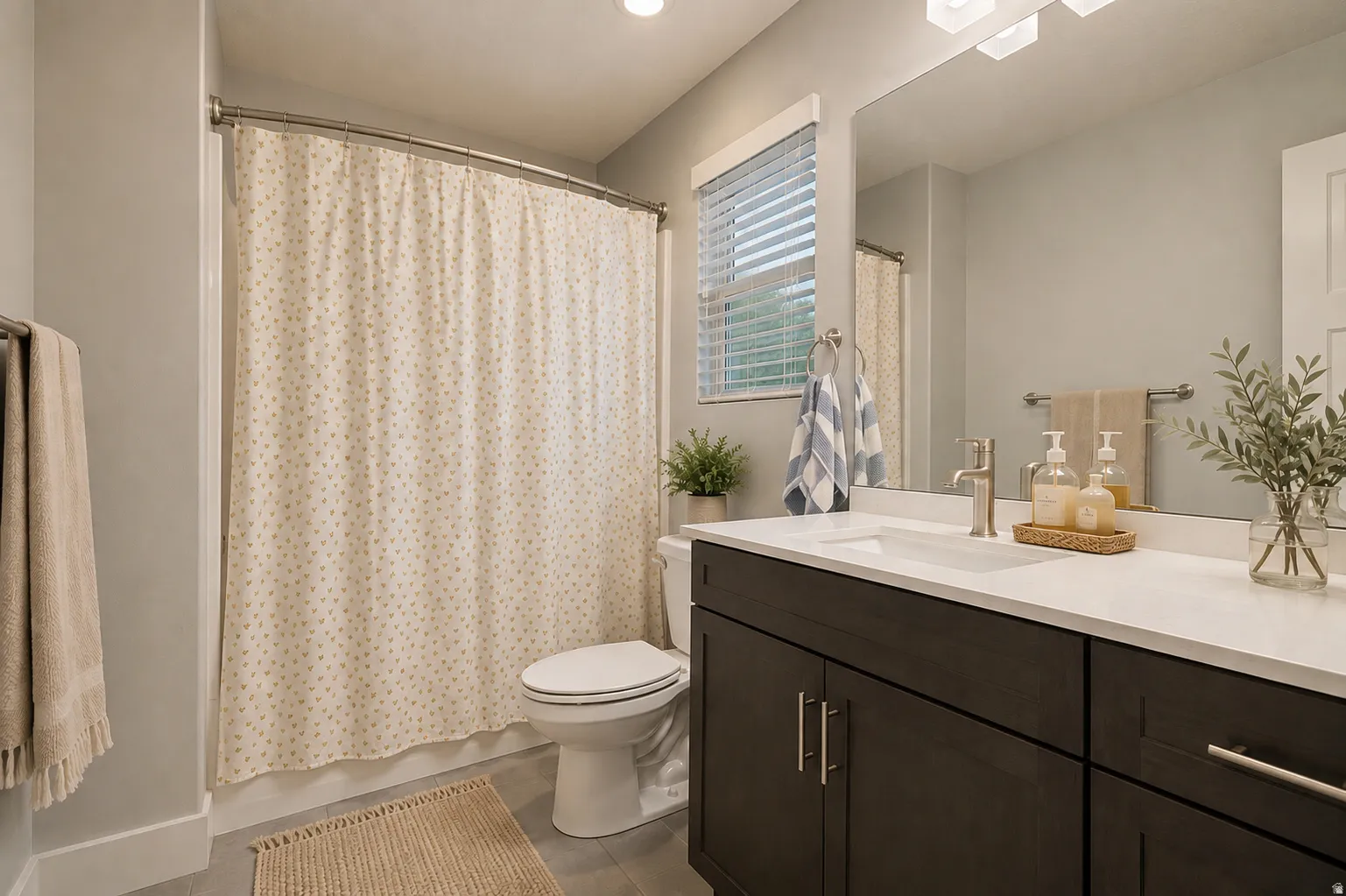 Bathroom with a dark wood-finish vanity, white countertop, and integrated sink