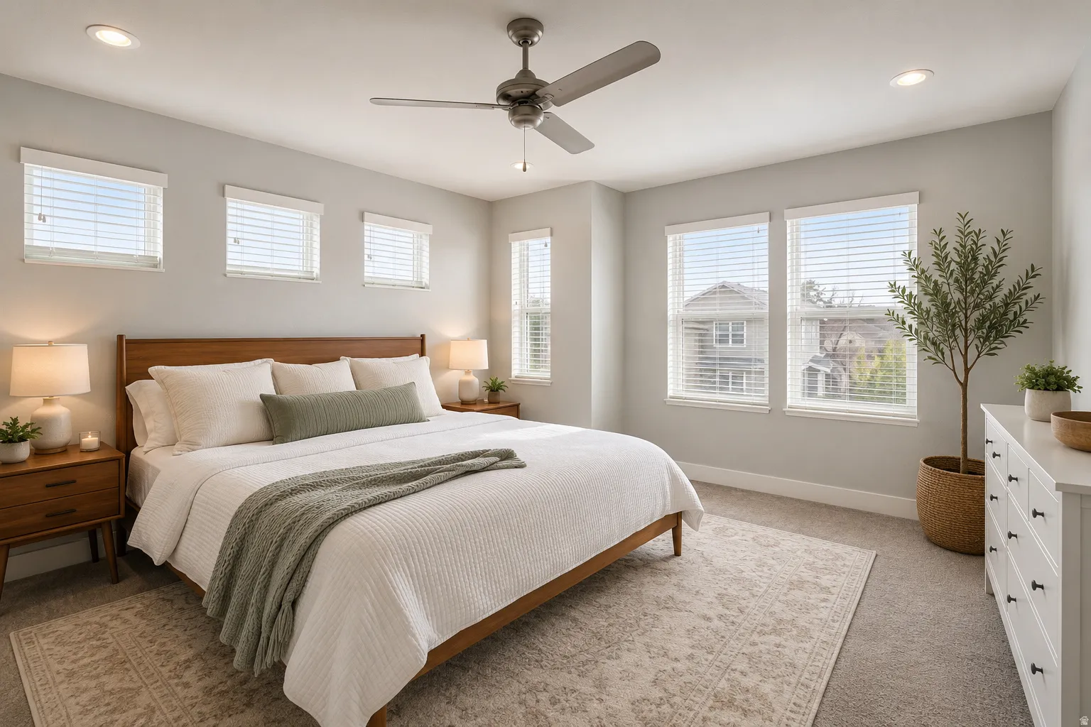 Bedroom featuring recessed lighting, a ceiling fan, multiple windows with blinds, light gray wall paint, and soft gray carpeting