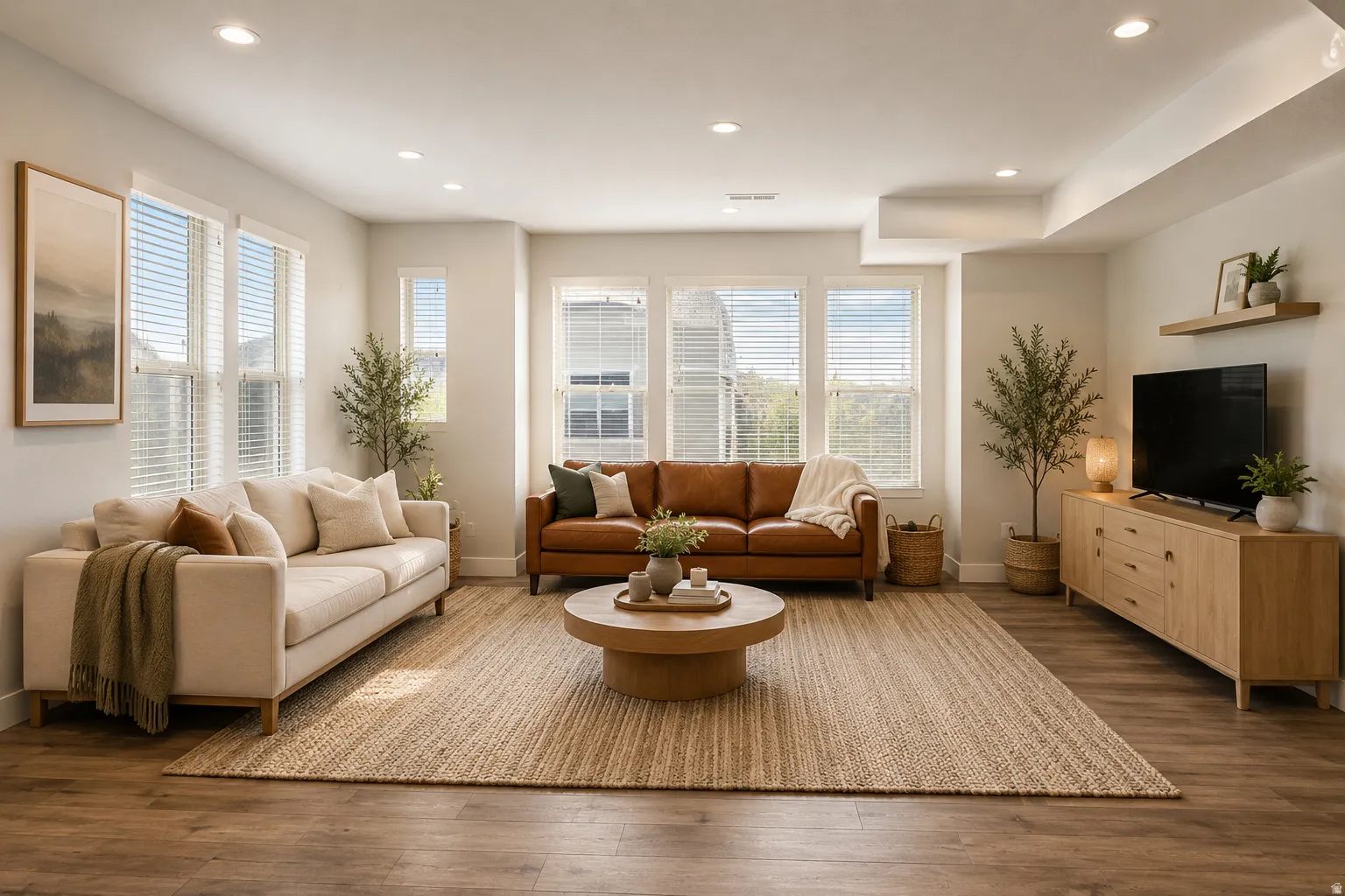 Spacious living area featuring wood-finish flooring, ample natural light from multiple windows, recessed lighting, and a neutral color palette