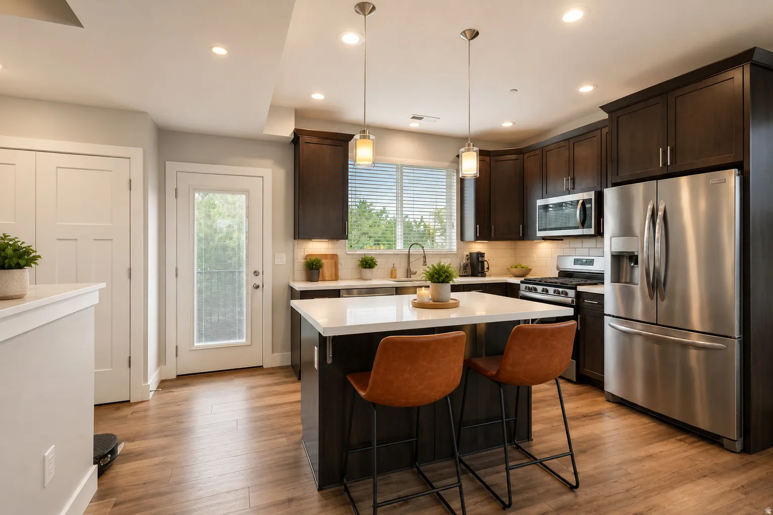 Kitchen featuring dark wood cabinetry, stainless steel appliances, a center island with a light-toned countertop, and wood-finish flooring