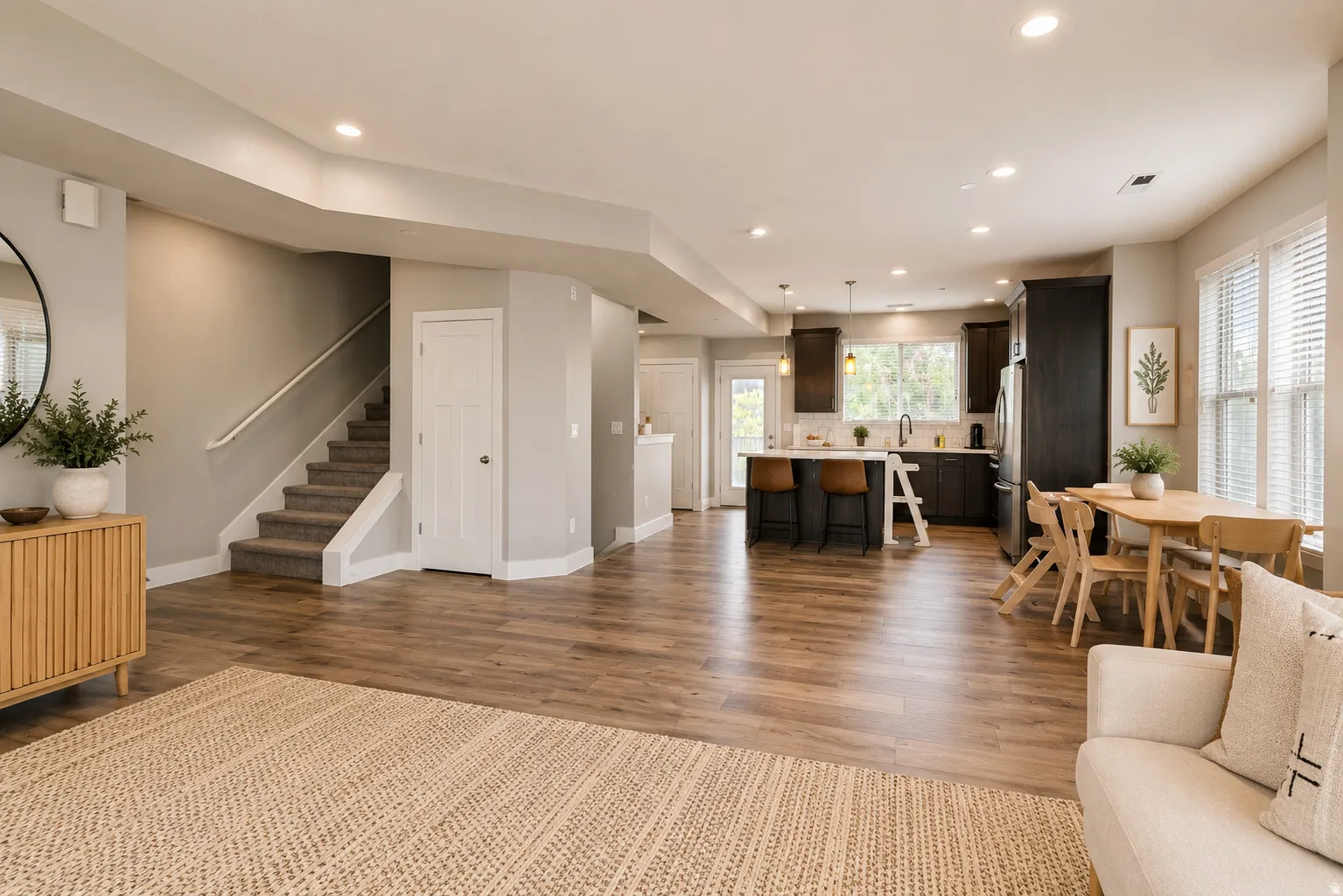Open-concept living area featuring wood-finish flooring, recessed lighting, a modern kitchen with dark cabinetry, an eat-in island, and an integrated dining area