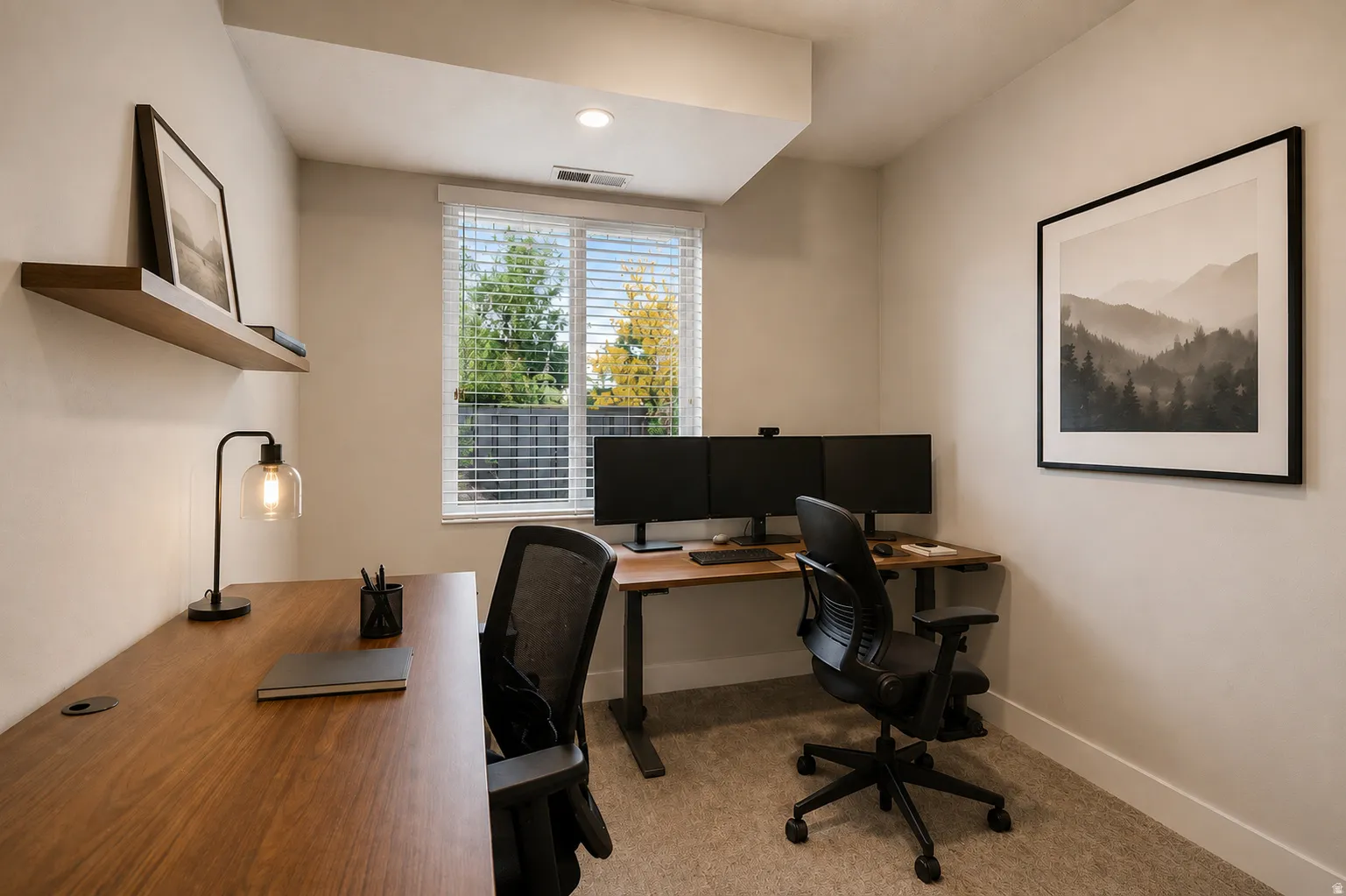 Versatile room featuring a window with blinds, recessed lighting, and carpeted flooring