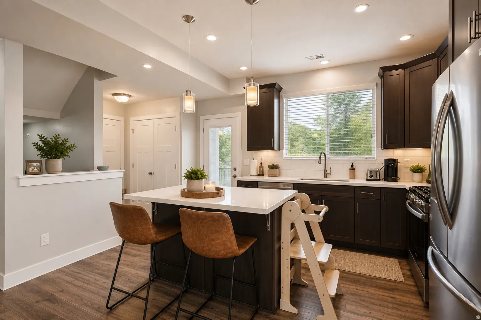 Kitchen featuring dark wood-finish cabinetry, stainless steel appliances, a center island with countertop seating, recessed lighting, and wood-finish flooring