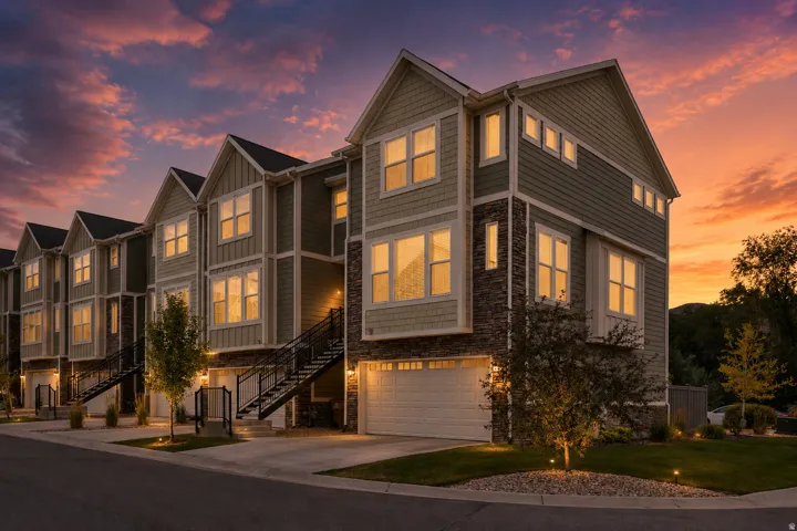 Contemporary multi-level townhome featuring a stone and siding exterior, private garage, and individual exterior staircases