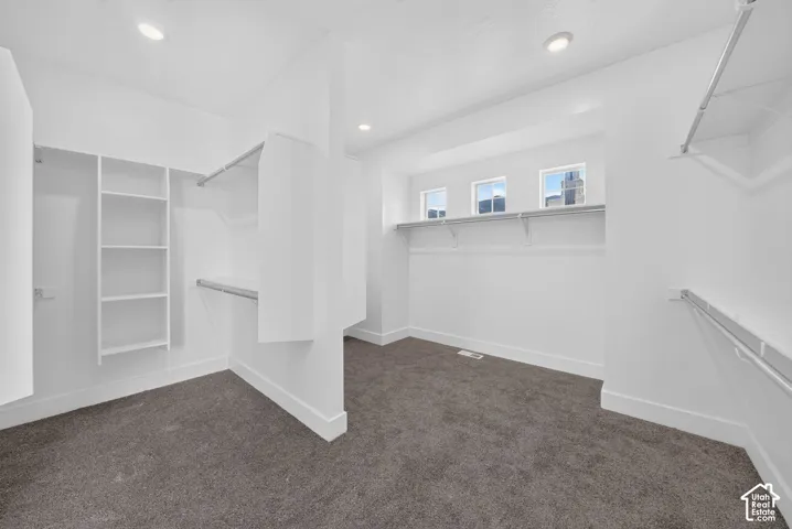 Walk-in closet featuring built-in shelving, multiple hanging rods, recessed lighting, and carpet flooring