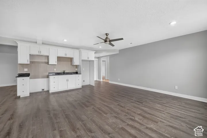 Open-concept living area with wood-finish flooring, recessed lighting, and a ceiling fan