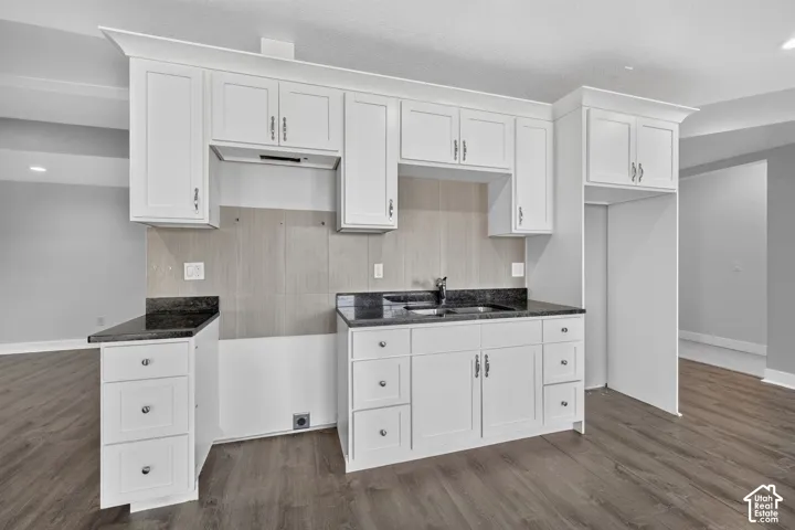 Kitchen featuring white cabinetry, dark stone countertops, a stainless steel sink with a dark faucet, a light gray tile backsplash, and wood-finish flooring
