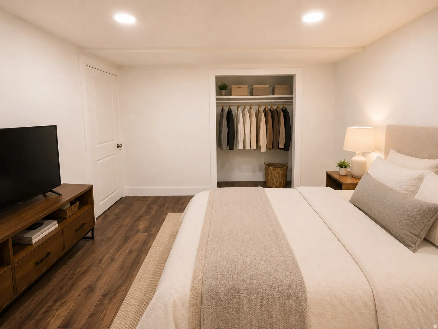 Bedroom featuring wood-finish flooring, recessed ceiling lighting, and a built-in closet with shelving and hanging rod
