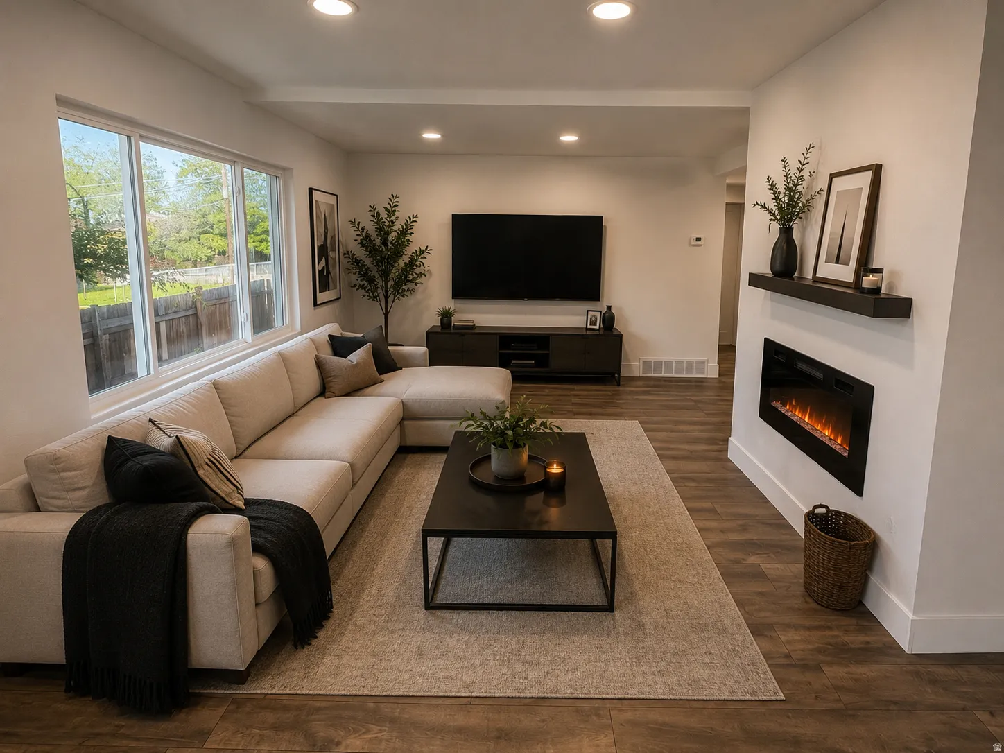 Spacious living area featuring wide plank wood-finish flooring and recessed lighting
