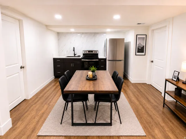 Open-concept kitchen and dining area featuring wood-finish flooring, recessed lighting, and white walls
