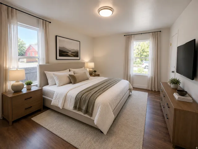 Bedroom featuring wood-finish flooring, two large windows with curtain rods, and a ceiling-mounted flush light fixture
