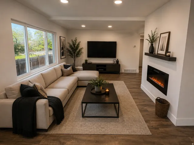 Spacious living area featuring wide plank wood-finish flooring and recessed lighting
