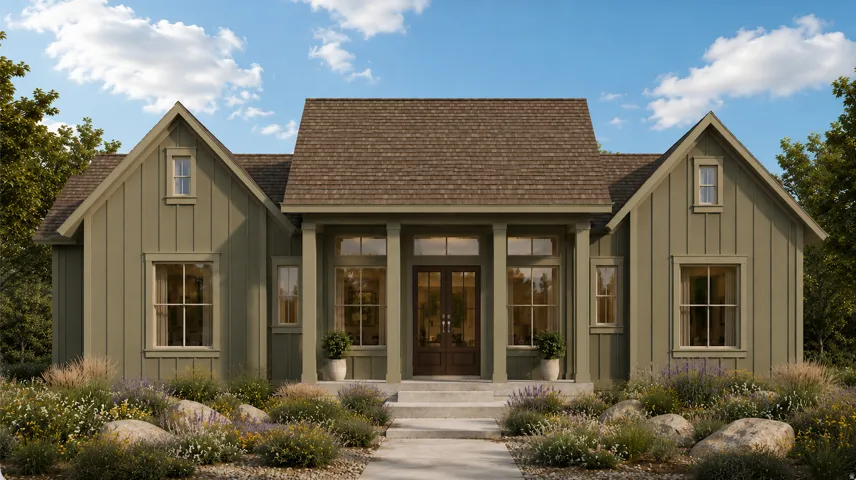 Modern farmhouse exterior featuring board and batten siding, multiple gables, and a prominent covered entry