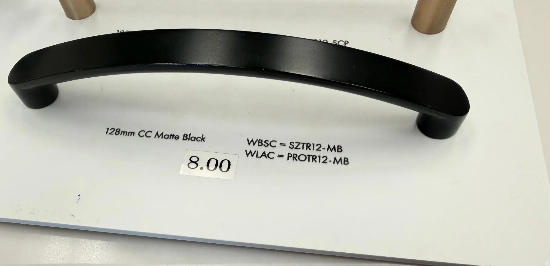 Matte black cabinet pull with 128mm center-to-center spacing