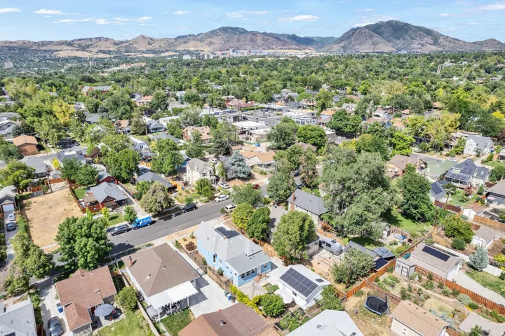 Aerial perspective showcasing a residential area with mature tree coverage and distant mountains